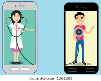 smartphone with a stethoscope and doctor health apps on-line flat vector