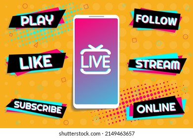 Smartphone and stickers in popular social media style. Modern advertising social media design. Vector illustration