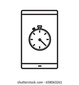 Smartphone stopwatch app linear icon. Thin line illustration. Smart phone with timer contour symbol. Vector isolated outline drawing