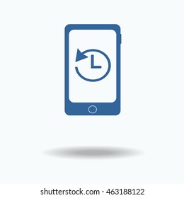 Smartphone with stopwatch. Hand points at stopwatch timer. blue icon. Single flat icon isolated on white background. vector illustration., One of set web icons. eps 10.