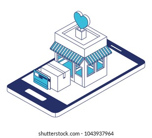 smartphone with store building isometric icon