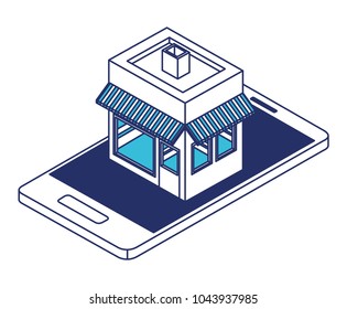 smartphone with store building isometric icon