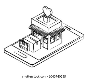 smartphone with store building isometric icon