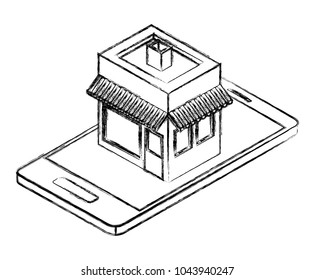 smartphone with store building isometric icon
