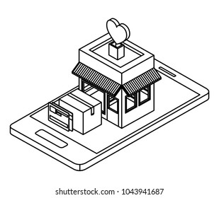 smartphone with store building isometric icon