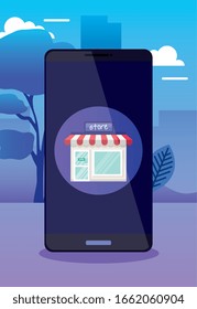 smartphone with store design of Commerce market shop retail buy paying banking and consumerism theme Vector illustration