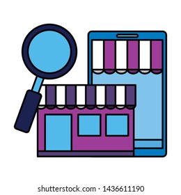 smartphone store magnifier ecommerce concept vector illustration