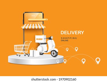 Smartphone Store, Motorbike or scooter, Shopping Cart, and shopping bags place on round podium,vector 3d isolated on orange background for online shopping and food delivery concept design