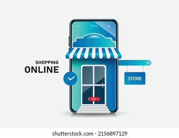 Smartphone store with an order confirmation icon and purchase icon on smartphone screen. and there is a shop sign hanging next to it,vector 3d isolated on white background for online shopping concept