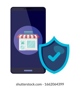 smartphone con diseño de escudo y tienda de comercio minorista comprar banca pagadora y consumismo tema Vector ilustración