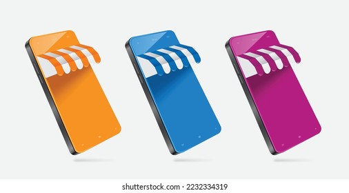 Smartphone store or shop in 3 colors, orange, blue, purple, vector 3d isolated on white background for online shopping concept design ,vector for advertising design