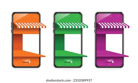 Smartphone store or shop in 3 colors, orange, green, purple, vector 3d isolated on white background for online shopping concept design ,vector for 
delivery, e commerce advertising design
