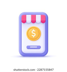 Smartphone with store shop tent and with dollar coin on the screen. Mobile payment services, shopping, online store and e-commerce concept. 3d vector icon. Cartoon minimal style.