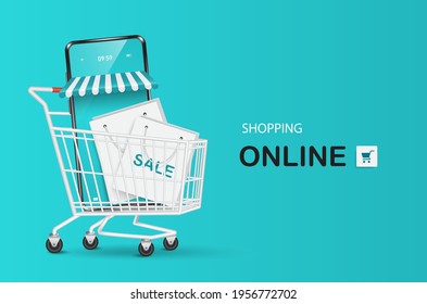 Smartphone Store And Shopping Bags Placed In The Shopping Cart 3d For Shopping Online Advetising Concept,vector 3d For Online Sale