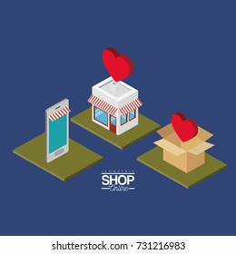 smartphone and store with striped sunshade red and white and cardboard box stack with hearts on top over green squares colorful poster isometric shop online vector illustration
