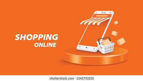 Smartphone store and white basket place on round podium and parcel box floating in a basket,vector 3d isolated on orange background for online shopping and delivery concept design