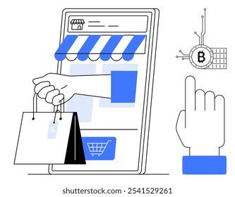 A smartphone with a storefront and a hand holding shopping bags. A hand pointing to a Bitcoin symbol. Ideal for online shopping, mobile payments, cryptocurrency transactions, digital marketing
