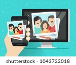 Smartphone streaming photo cards images on computer vector illustration, flat cartoon mobile phone connected to pc wirelessly showing photos, multimedia transfer or downloading from cellphone