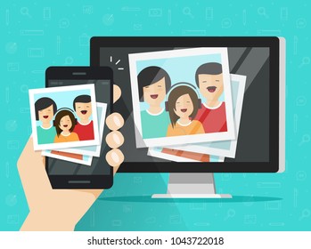 Smartphone streaming photo cards images on computer vector illustration, flat cartoon mobile phone connected to pc wirelessly showing photos, multimedia transfer or downloading from cellphone