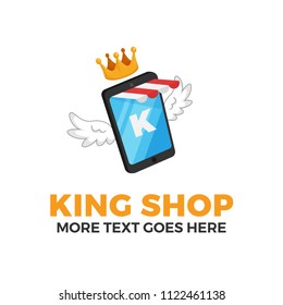 smartphone with striped store awning, crown, wings and K letter for mobile shop concept design. e-commerce application logo template. modern flat illustration style.