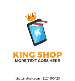 smartphone with striped store awning, crown and K letter for mobile shop concept design. e-commerce application logo template. modern flat illustration style.