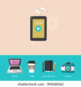 Smartphone. Student accessories icons for young modern people. Flat color vector illustration such as laptop, smartphone with earphones, camera, diary with pen and pencil and coffee to go.