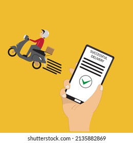 smartphone with successful delivery app and worker using courier vector illustration design with scooter 
