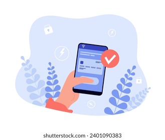 Smartphone with successful online payment vector illustration. Credit card, check mark. Mobile banking app, Instant bank payment concept