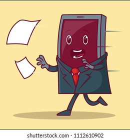 Smartphone in a suit running after some documents vector illustration. Company, business,multimedia, smartphone, connection design concept