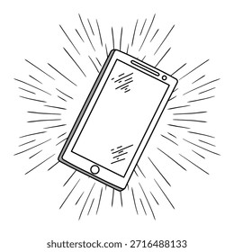 Smartphone con ilustración de doodle de efecto de luz solar. Arte brillante del concepto del smartphone en estilo del bosquejo