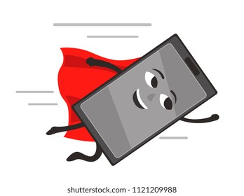 smartphone superhero in a red Cape flying to the righ. cartoon vector illustration