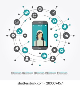 Smartphone surrounded by abstract computer network with integrated circles and icons for digital,  network, internet, connect, social media, communicate.  Infographic design background. AI10 EPS 