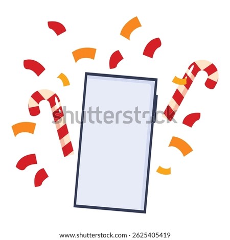Smartphone surrounded by candy canes and confetti exploding from the screen