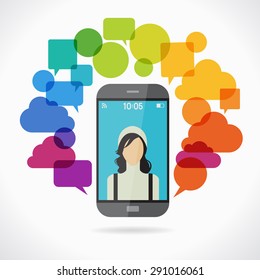 Smartphone surrounded by speech bubble.  Concept communication. The idea of a mobile chat. This illustration contains a transparency