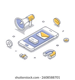 Smartphone surrounded by various communication tools such as a megaphone, message icons, and magnetic elements. Design emphasizes digital marketing themes. Modern vector illustration