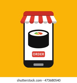 Smartphone with sushi on the screen. Order fast food concept. Flat vector illustration.