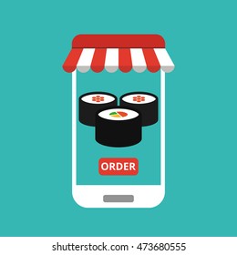 Smartphone with sushi on the screen. Order fast food concept. Flat vector illustration.