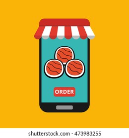 Smartphone with sushi on the screen. Order fast food concept. Flat vector illustration.