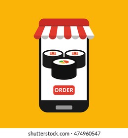 Smartphone with sushi on the screen. Order fast food concept. Flat vector illustration.