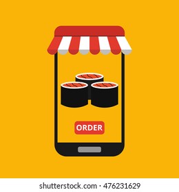 Smartphone with sushi on the screen. Order fast food concept. Flat vector illustration.