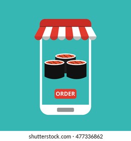 Smartphone with sushi on the screen. Order fast food concept. Flat vector illustration.