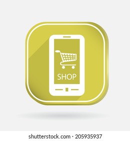 smartphone with the symbol cart online store. Color square icon