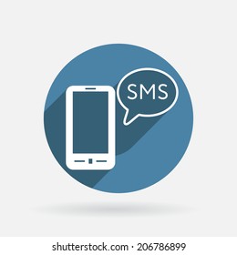 smartphone with the symbol of  cloud of sms dialogue. Circle blue icon with shadow