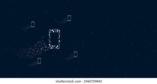 A smartphone symbol filled with dots flies through the stars leaving a trail behind. There are four small symbols around. Vector illustration on dark blue background with stars