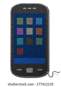 Smartphone symbol of knitted fabric isolated on white. Fragment of knitting in shape of phone. Vector image about smartphone, telecommunication industry, knitting, mobile technology, handmade, etc