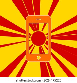 Símbolo de Smartphone sobre un fondo de líneas radiales de explosión de flash rojo. El gran símbolo naranja se encuentra en el centro del sol, simbolizando la salida del sol. Ilustración del vector sobre fondo amarillo