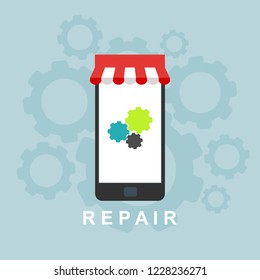smartphone with symbol repair service on screen. Repair service, maintenance, customization, restore concepts. Flat vector illustration.