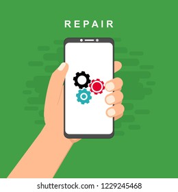 smartphone with symbol repair service on screen. Repair service, maintenance, customization, restore concepts. Flat vector illustration.