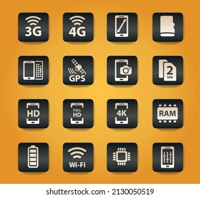 Smartphone symbols on black buttons on yellow background