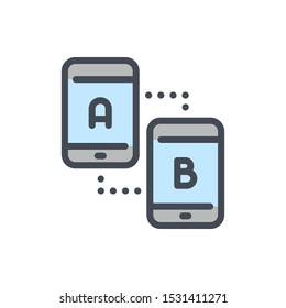 Smartphone synchronization and comparison color line icon. Two mobile phones with A and B matching vector outline colorful sign.